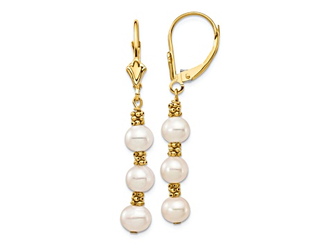 14K Yellow Gold 5-6mm White Semi-round Freshwater Cultured Pearl Leverback Earrings