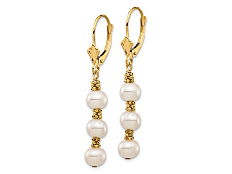 14K Yellow Gold 5-6mm White Semi-round Freshwater Cultured Pearl Leverback Earrings