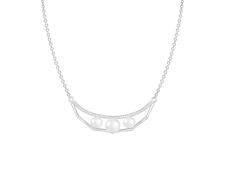 5.5-7.5mm Button White Cultured Freshwater Pearl and Cubic Zirconia Rhodium Over Sterling Necklace