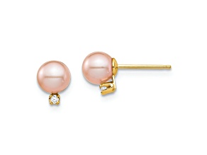 14K Yellow Gold Children's 5-6mm Pink Round Freshwater Cultured Pearl and Diamond Stud Earrings