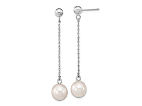 Rhodium Over 10k White Gold 7-8mm White Round Freshwater Cultured Pearl Dangle Earrings