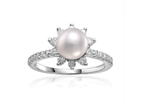 Freshwater Pearl and Moissanite Rhodium Over Sterling Silver Halo Flower Design Ring