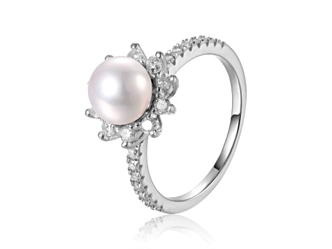 Freshwater Pearl and Moissanite Rhodium Over Sterling Silver Halo Flower Design Ring