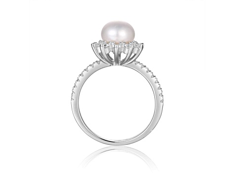 Freshwater Pearl and Moissanite Rhodium Over Sterling Silver Halo Flower Design Ring