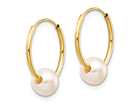 14K Yellow Gold 5-6mm White Semi-round Freshwater Cultured Pearl Endless Hoop Earrings