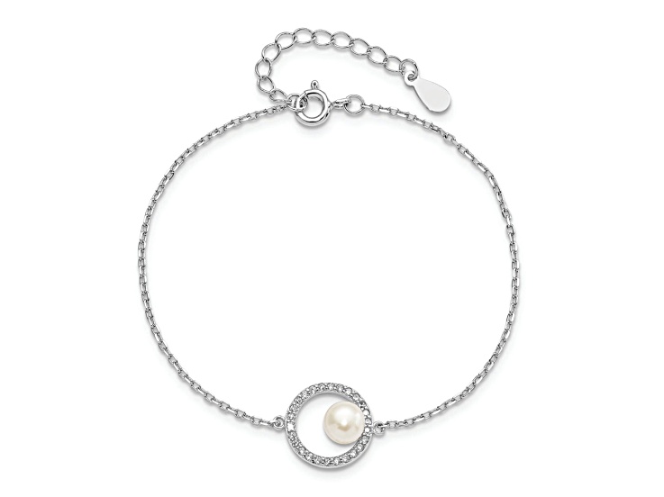 Rhodium Over Sterling Silver CZ 6-7mm White Button FW Cultured Pearl with 1.25-inch Ext. Bracelet