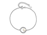 Rhodium Over Sterling Silver CZ 6-7mm White Button FW Cultured Pearl with 1.25-inch Ext. Bracelet