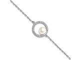Rhodium Over Sterling Silver CZ 6-7mm White Button FW Cultured Pearl with 1.25-inch Ext. Bracelet
