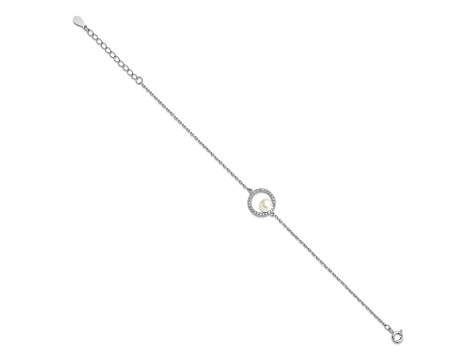 Rhodium Over Sterling Silver CZ 6-7mm White Button FW Cultured Pearl with 1.25-inch Ext. Bracelet