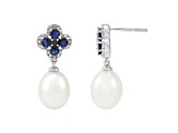 Oval White Freshwater Pearl with Blue Sapphire and Diamond accents 10K White Gold Dangle Earrings