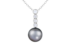 Black Cultured Tahitian Pearl and Diamond 14K White Gold Pendant 9-10mm