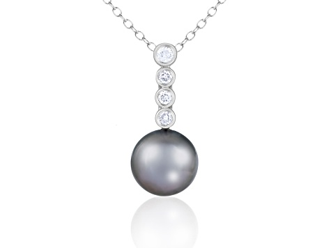 Black Cultured Tahitian Pearl and Diamond 14K White Gold Pendant 9-10mm