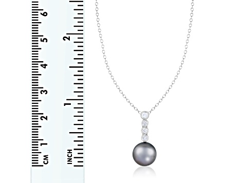 Black Cultured Tahitian Pearl and Diamond 14K White Gold Pendant 9-10mm