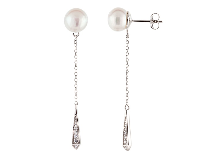 8-9mm White Cultured Freshwater Pearl and Cubic Zirconia Rhodium Over Sterling Silver Earrings
