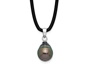 Rhodium Over Sterling Silver Tahitian Pearl 18 Inch Black Silicone Necklace