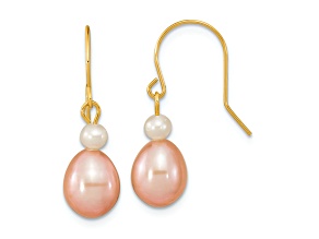 14K Yellow Gold 7-8mm White/Pink Round/Rice Freshwater Cultured Pearl Dangle Earrings