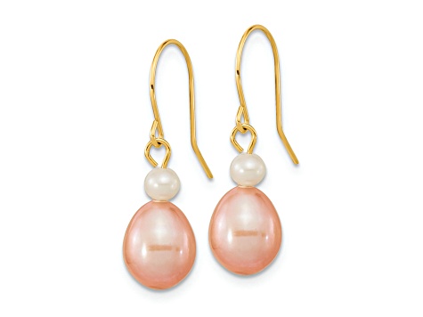 14K Yellow Gold 7-8mm White/Pink Round/Rice Freshwater Cultured Pearl Dangle Earrings