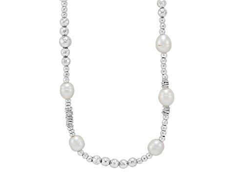 9.5-10mm Round White Freshwater Pearl Sterling Silver Beaded Station Necklace