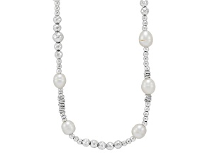 9.5-10mm Round White Freshwater Pearl Sterling Silver Beaded Station Necklace