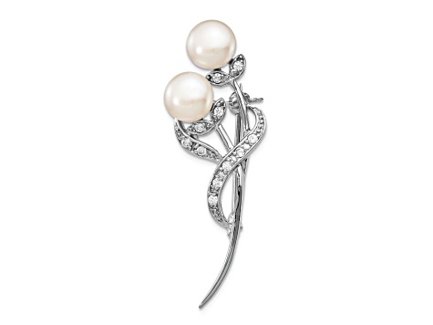 Rhodium Over Sterling Silver 7-8mm White Button Freshwater Cultured Pearl Cubic Zirconia Brooch