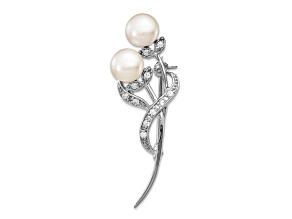 Rhodium Over Sterling Silver 7-8mm White Button Freshwater Cultured Pearl Cubic Zirconia Brooch