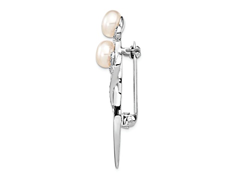 Rhodium Over Sterling Silver 7-8mm White Button Freshwater Cultured Pearl Cubic Zirconia Brooch