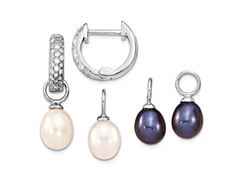 Picture of Rhodium Over Sterling Silver 7-8mm White/Black FWC Pearl Cubic Zirconia Changeable Earring