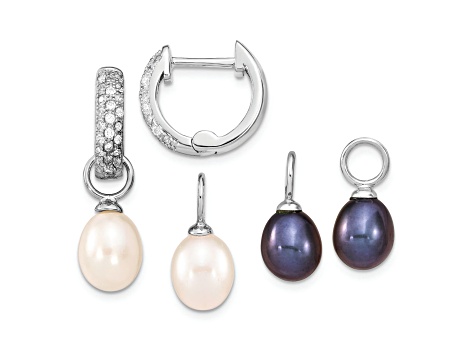 Rhodium Over Sterling Silver 7-8mm White/Black FWC Pearl Cubic Zirconia Changeable Earring