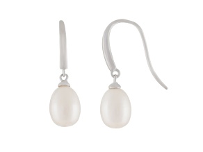 White Cultured Freshwater Pearl Rhodium Over Sterling Silver 8-9mm Drop Earrings