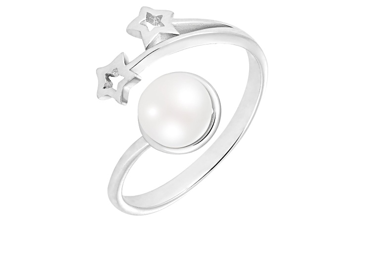6-7mm White Button Cultured Freshwater Pearl and Cubic Zirconia Rhodium Over Silver Ring