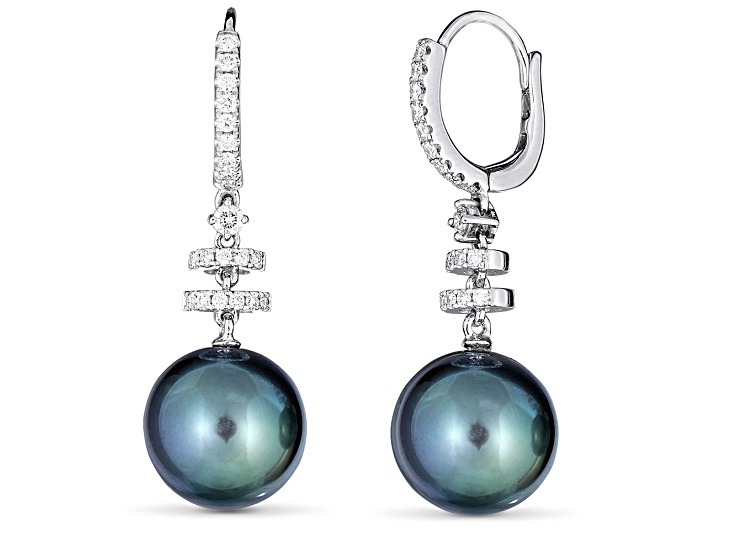 18KW Earrings 11mm  Tahitian Cultured  Pearls 0.34 ctw Diamond
