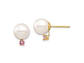14K Yellow Gold 8-8.5mm White Round Freshwater Cultured Pearl Pink Topaz Post Earrings