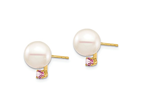 14K Yellow Gold 8-8.5mm White Round Freshwater Cultured Pearl Pink Topaz Post Earrings