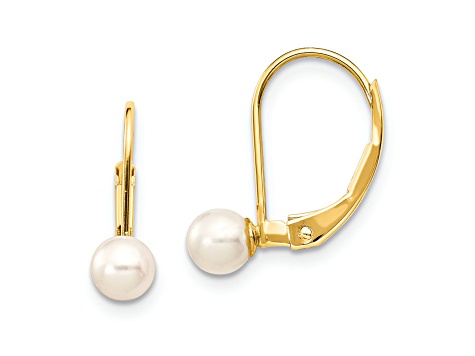 14K Yellow Gold 4-5mm White Round Freshwater Cultured Pearl Leverback Earrings