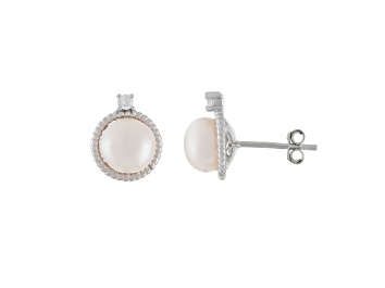 Picture of White Cultured Freshwater Pearl and CZ Rhodium Over Sterling Silver 7-8mm Button Earrings