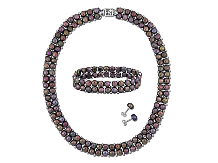 6-8mm Black Freshwater Cultured Pearl Stud Earrings, Strand Bracelet & Necklace Set