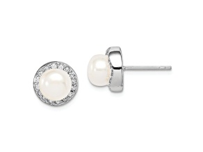 Rhodium Over Sterling Silver 7-8mm White Button Freshwater Cultured Pearl Cubic Zirconia Earrings