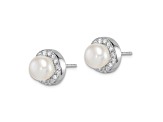 Rhodium Over Sterling Silver 7-8mm White Button Freshwater Cultured Pearl Cubic Zirconia Earrings