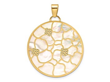 Picture of 14K Yellow Gold Pink and White MOP Reversible Circle with Flowers Pendant