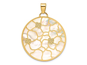 14K Yellow Gold Pink and White MOP Reversible Circle with Flowers Pendant