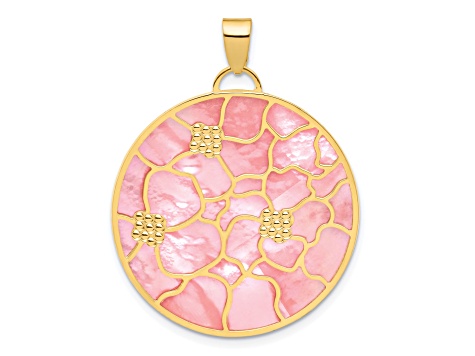 14K Yellow Gold Pink and White MOP Reversible Circle with Flowers Pendant