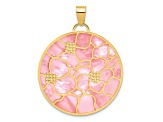 14K Yellow Gold Pink and White MOP Reversible Circle with Flowers Pendant