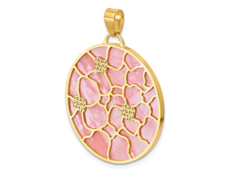 14K Yellow Gold Pink and White MOP Reversible Circle with Flowers Pendant