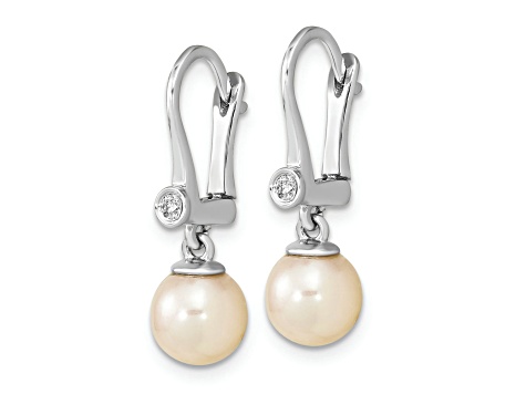 Rhodium Over 14K White Gold 7-8mm Round White Saltwater Akoya Pearl 0.05ctw Diamond Dangle Earrings