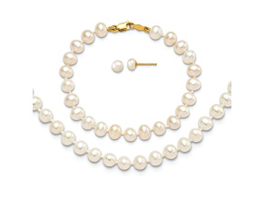 14K Yellow Gold 4-5mm Freshwater Cultured Pearl, 14 Inch Necklace, 5 Inch Bracelet and Earring Set