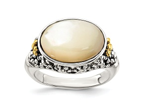 Sterling Silver Antiqued with 14K Accent Floral Oval Mother Of Pearl Ring