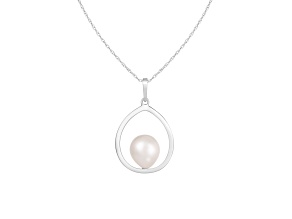 14k White Gold Dangling Cultured 9mm Freshwater Pearl Pendant, 18" Chain Included