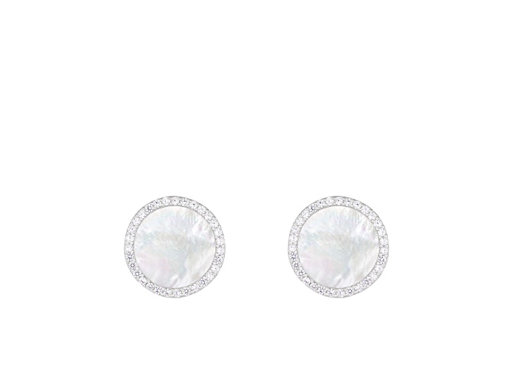 White Cultured Freshwater Pearl MOP and Cubic Zirconia Rhodium Over Sterling Silver Earrings