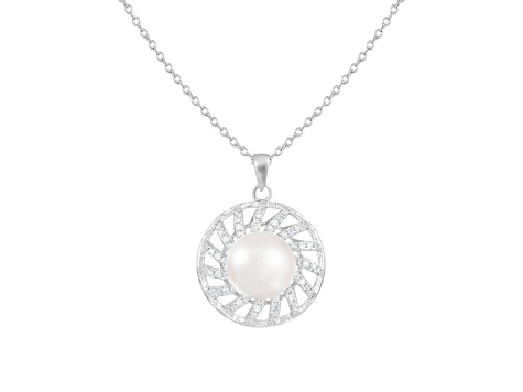 9-10mm Button White Cultured Freshwater Pearl and CZ Rhodium Over Sterling Silver Pendant