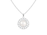 9-10mm Button White Cultured Freshwater Pearl and CZ Rhodium Over Sterling Silver Pendant